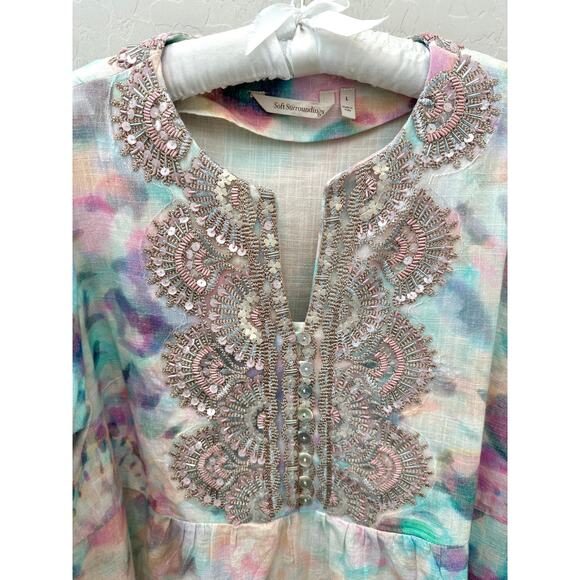 SOFT SURROUNDINGS | Embellished Sequin Tunic Top Watercolor Pastel Boho | Large - Picture 5 of 8
